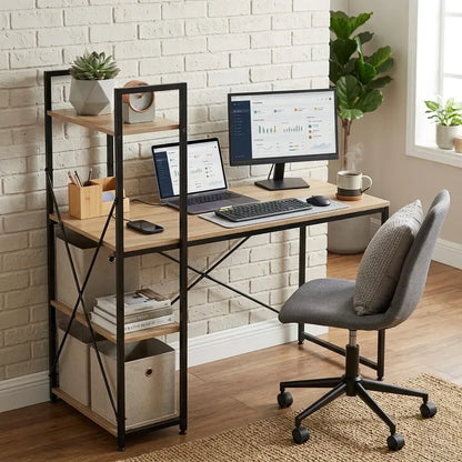 CARLA HOME Computer Desk with 4 Shelf Bookcase - Steel - Brown - Rustic - Office Desk Computer - Image 2