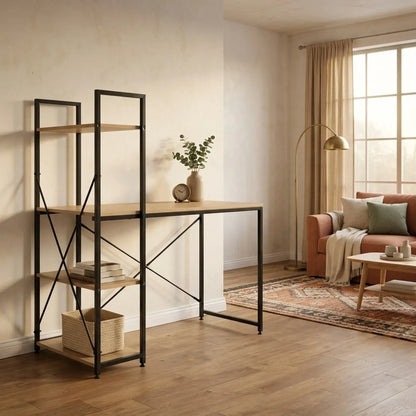 CARLA HOME Computer Desk with 4 Shelf Bookcase - Steel - Brown - Rustic - Office Desk Computer - Image 5