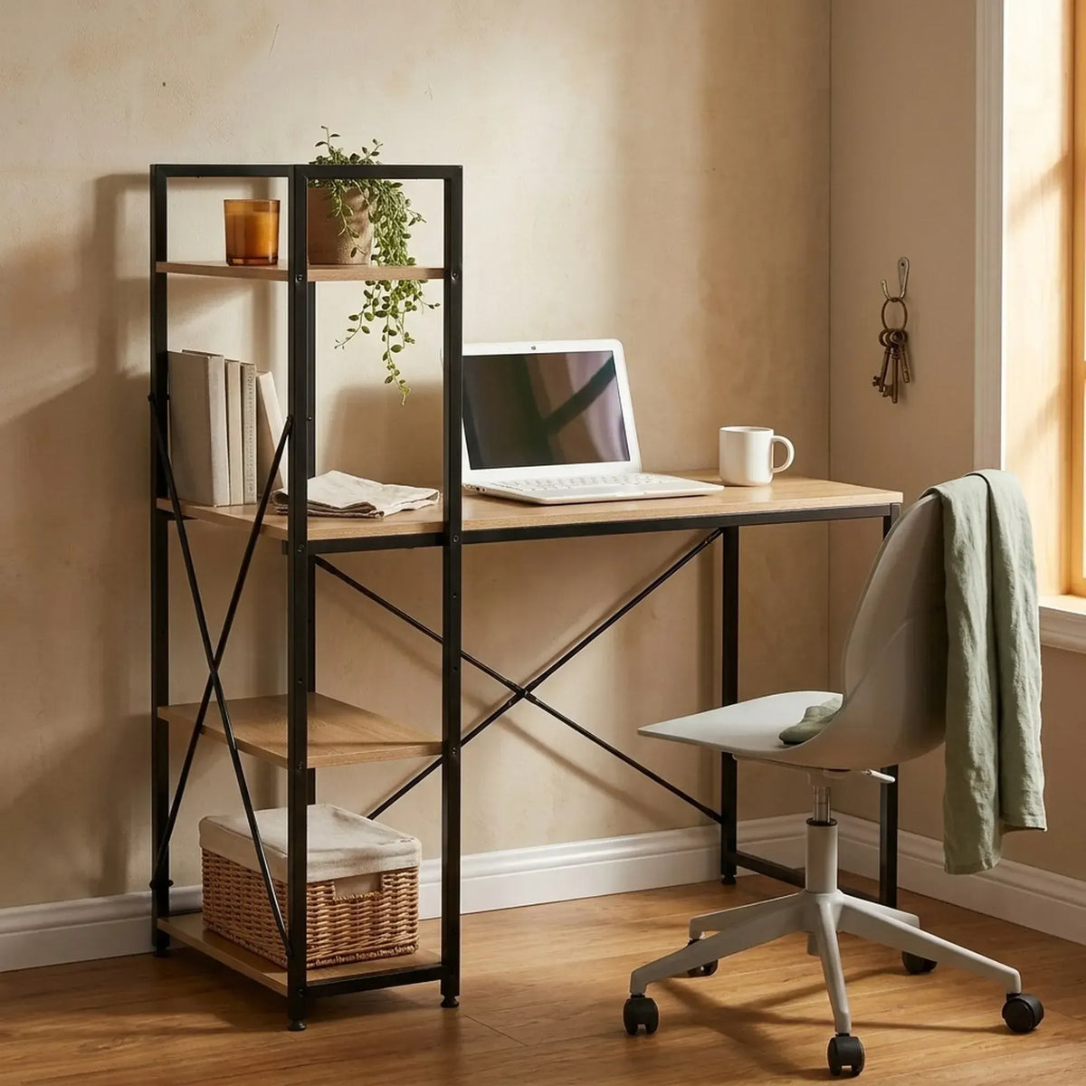 CARLA HOME Computer Desk with 4 Shelf Bookcase - Steel - Brown - Rustic - Office Desk Computer - Image 6