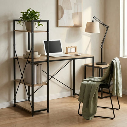 CARLA HOME Computer Desk with 4 Shelf Bookcase - Steel - Brown - Rustic - Office Desk Computer - Image 7