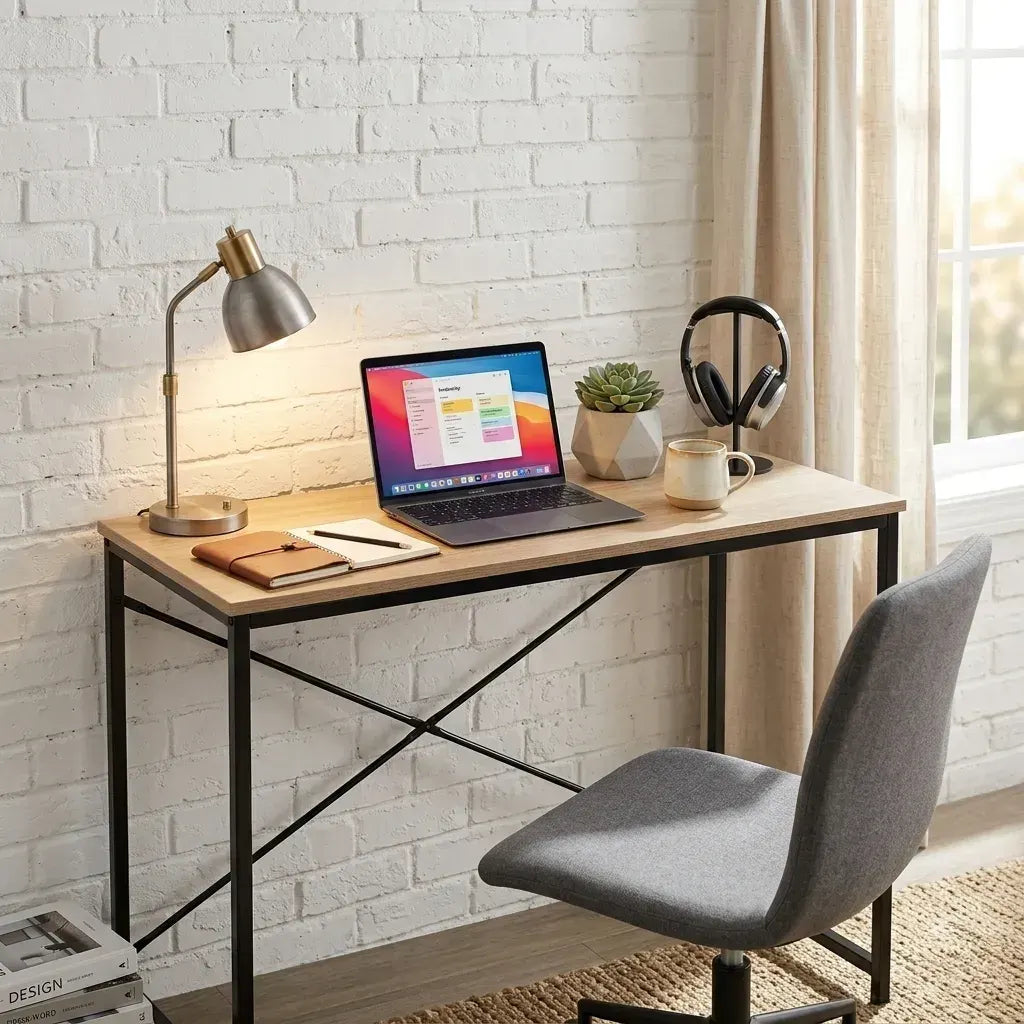 CARLA HOME Office Desk Computer Table - Metal Frame - Oak - 100cm - Brown - Rustic - Image 2