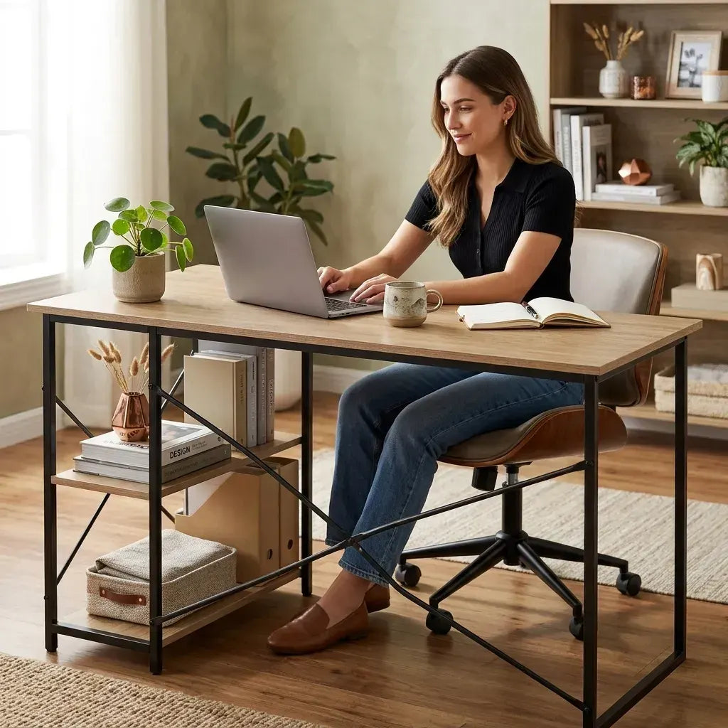 CARLA HOME Office Desk with 2 Shelves - Metal Frame - Natural - 120cm - Brown - Rustic - Image 5