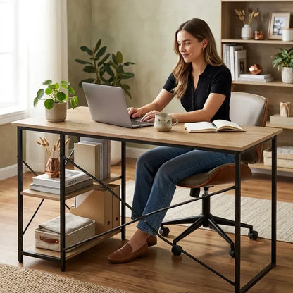 CARLA HOME Office Desk with 2 Shelves - Metal Frame - Natural - 120cm - Brown - Rustic - Image 5