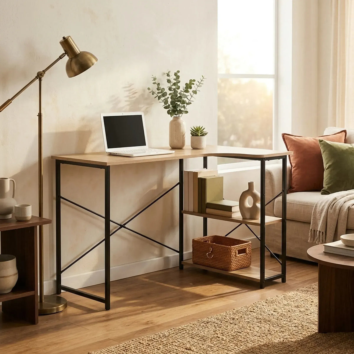 CARLA HOME Office Desk with 2 Shelves - Metal Frame - Natural - 120cm - Brown - Rustic - Image 6