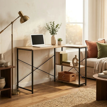 CARLA HOME Office Desk with 2 Shelves - Metal Frame - Natural - 120cm - Brown - Rustic - Image 6
