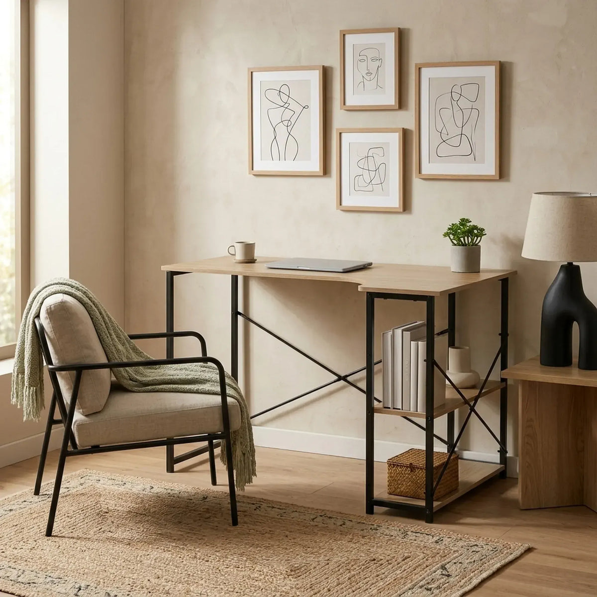CARLA HOME Office Desk with 2 Shelves - Metal Frame - Natural - 120cm - Brown - Rustic - Image 7