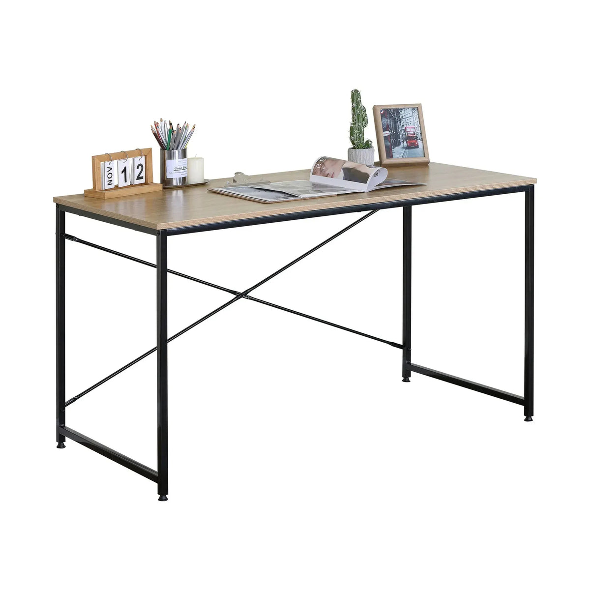 CARLA HOME Office Desk Computer Table - Metal Frame - Oak - 120cm - Brown - Rustic - Image 9