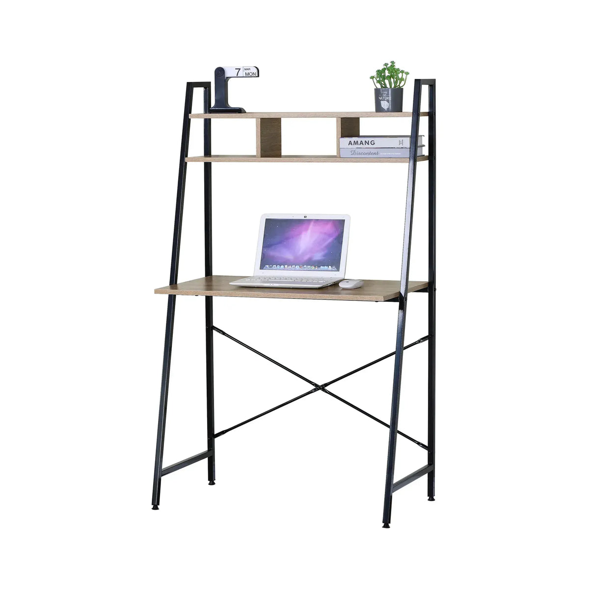 CARLA HOME Ladder Desk with Shelves - Steel Frame - Oak - 84cm - Brown - Study Desk