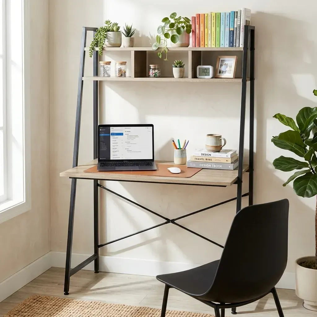 CARLA HOME Ladder Desk with Shelves - Steel Frame - Oak - 84cm - Brown - Study Desk - Image 2