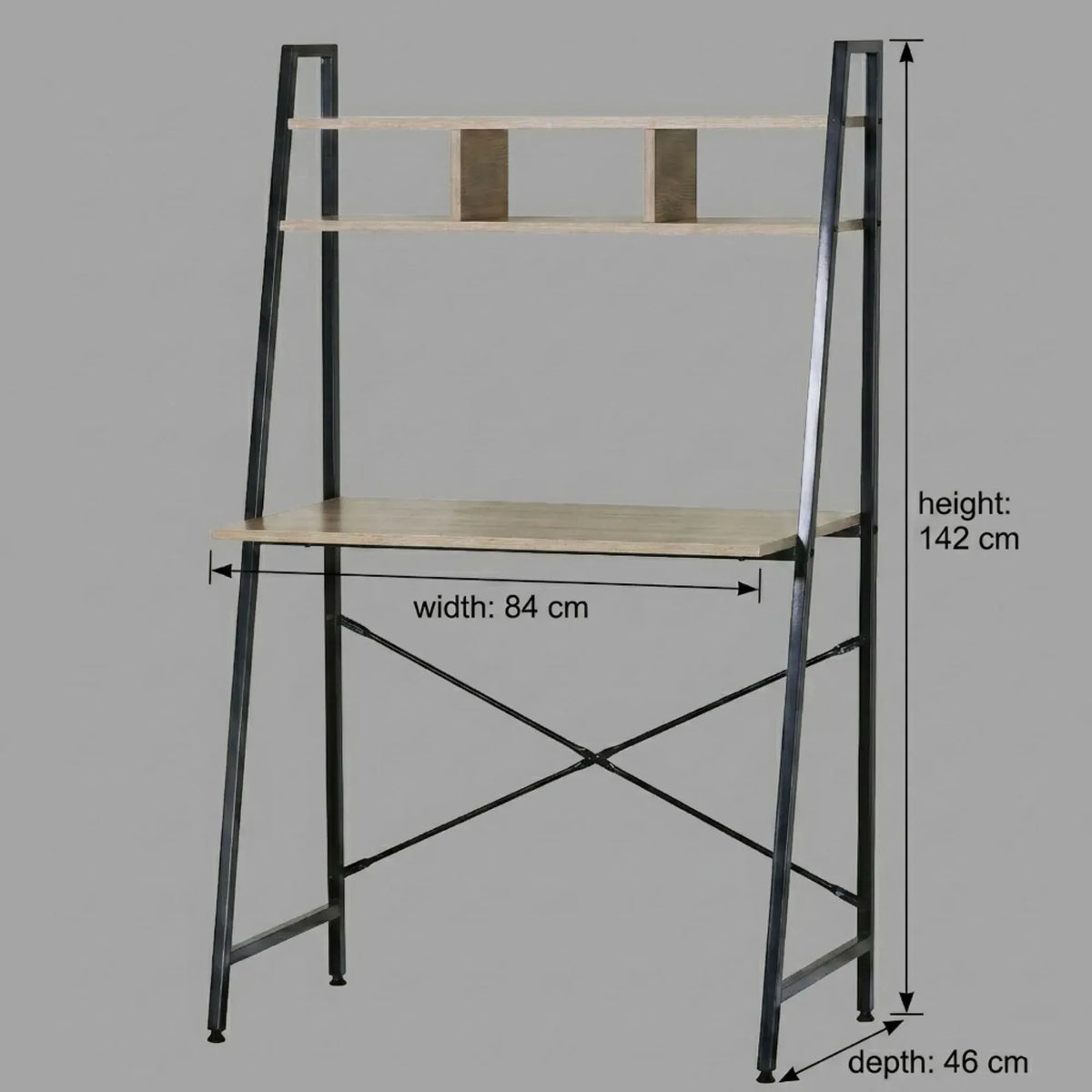 CARLA HOME Ladder Desk with Shelves - Steel Frame - Oak - 84cm - Brown - Study Desk - Image 3