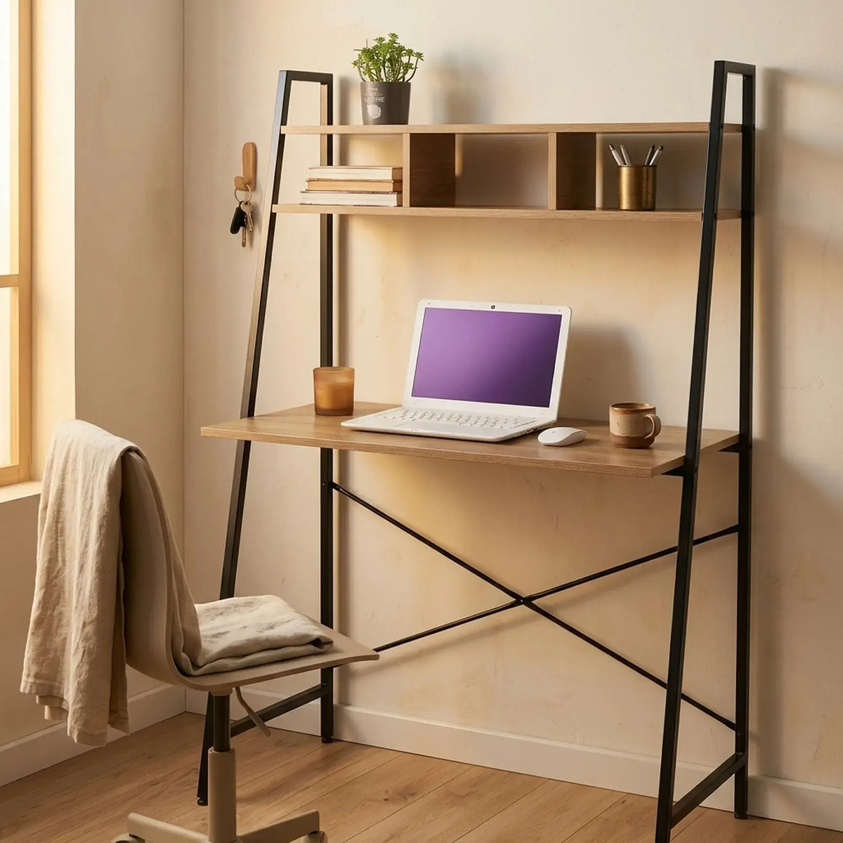 CARLA HOME Ladder Desk with Shelves - Steel Frame - Oak - 84cm - Brown - Study Desk - Image 5