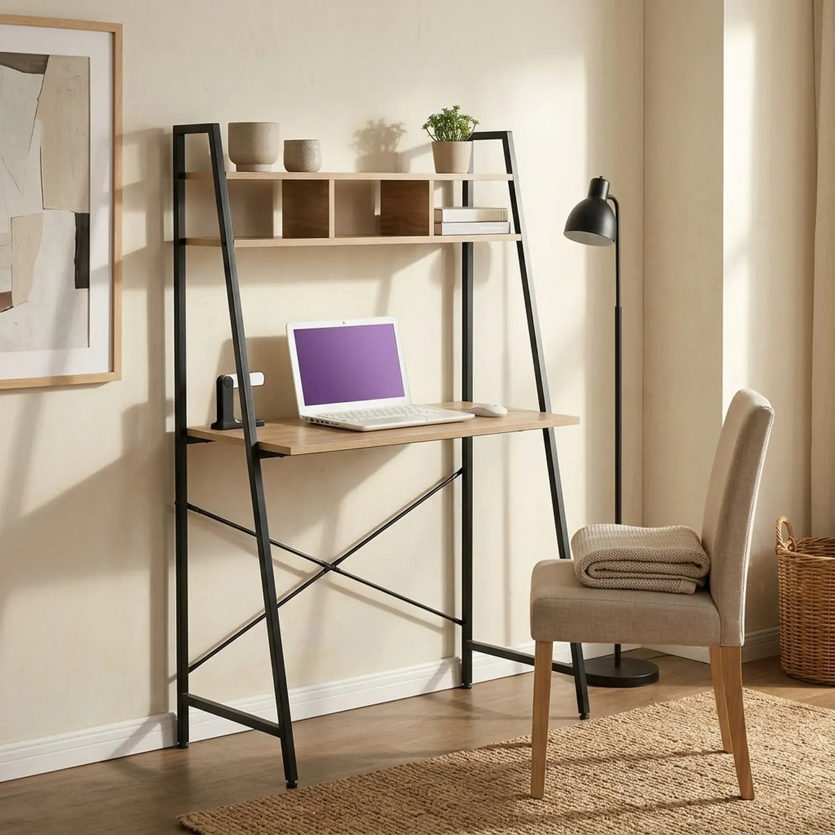 CARLA HOME Ladder Desk with Shelves - Steel Frame - Oak - 84cm - Brown - Study Desk - Image 6