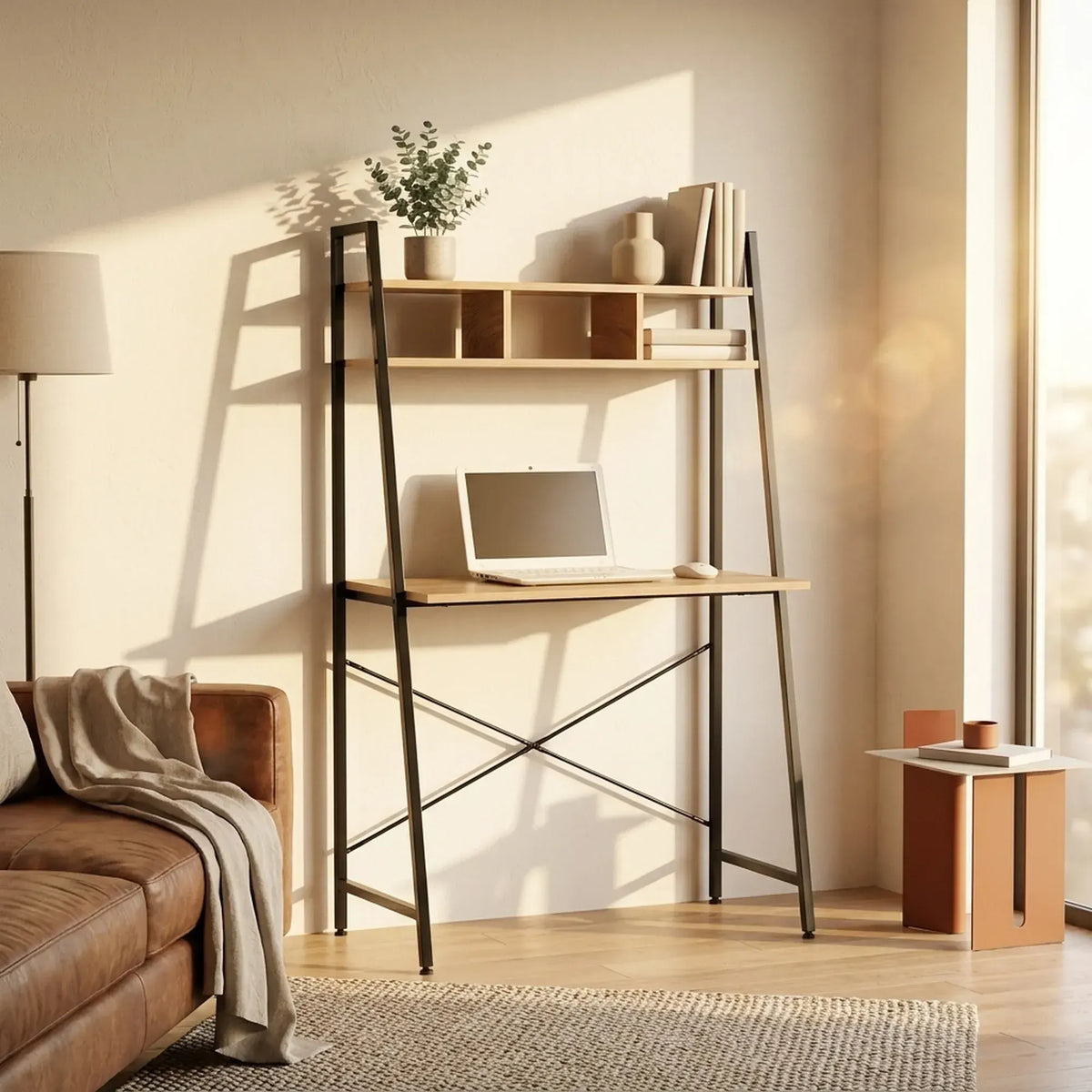 CARLA HOME Ladder Desk with Shelves - Steel Frame - Oak - 84cm - Brown - Study Desk - Image 7