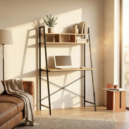 CARLA HOME Ladder Desk with Shelves - Steel Frame - Oak - 84cm - Brown - Study Desk - Image 7