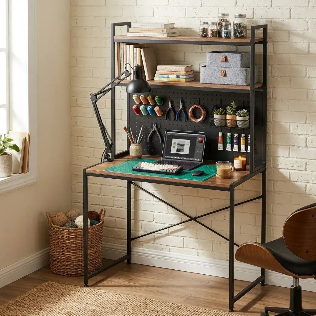 CARLA HOME Computer Desk with Hutch Shelves and Pegboard - Brown - Rustic - Steel - Image 2