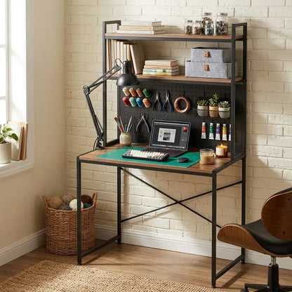 CARLA HOME Computer Desk with Hutch Shelves and Pegboard - Brown - Rustic - Steel - Image 2