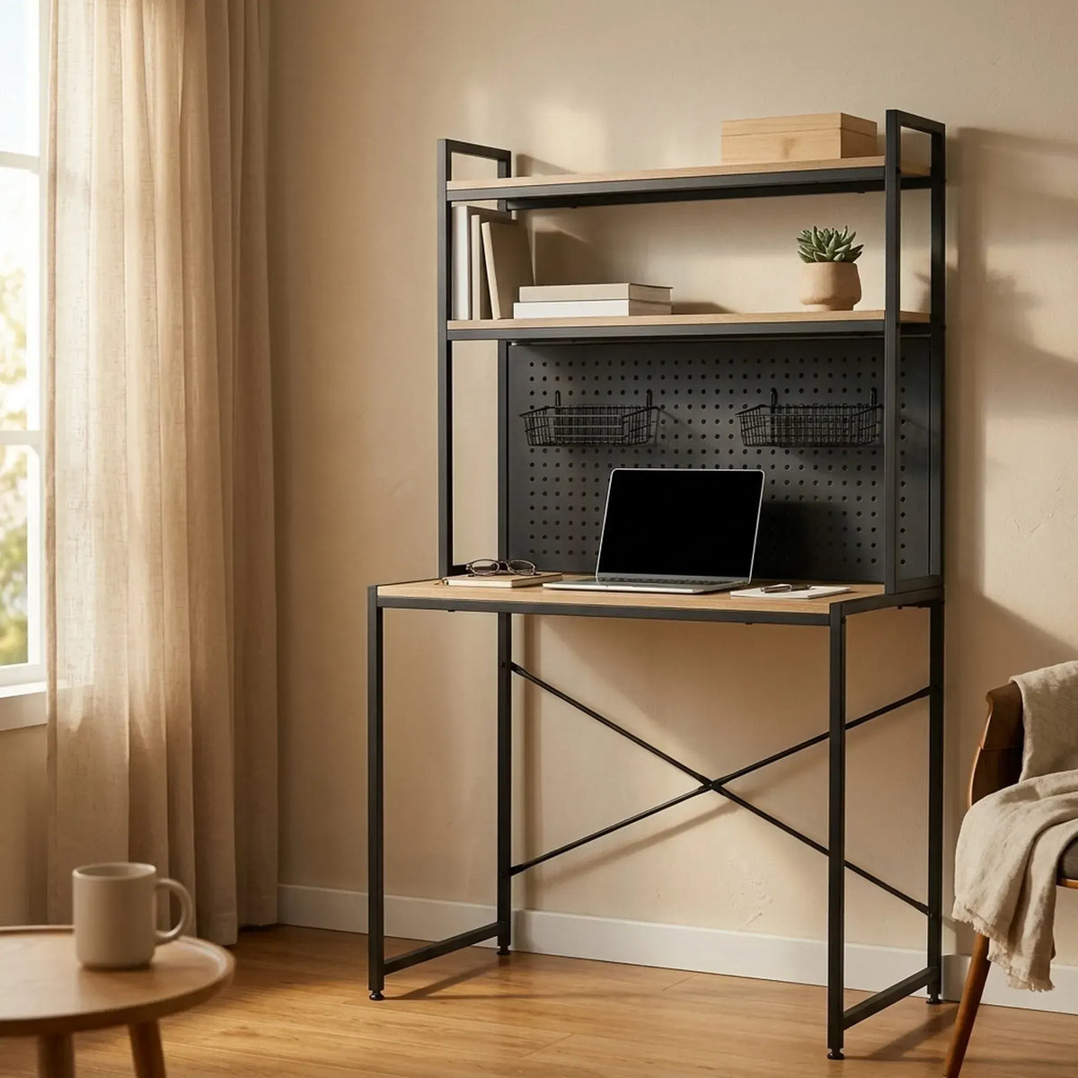 CARLA HOME Computer Desk with Hutch Shelves and Pegboard - Brown - Rustic - Steel - Image 5