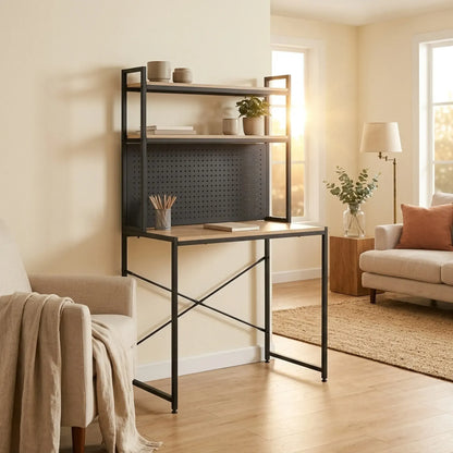 CARLA HOME Computer Desk with Hutch Shelves and Pegboard - Brown - Rustic - Steel - Image 6