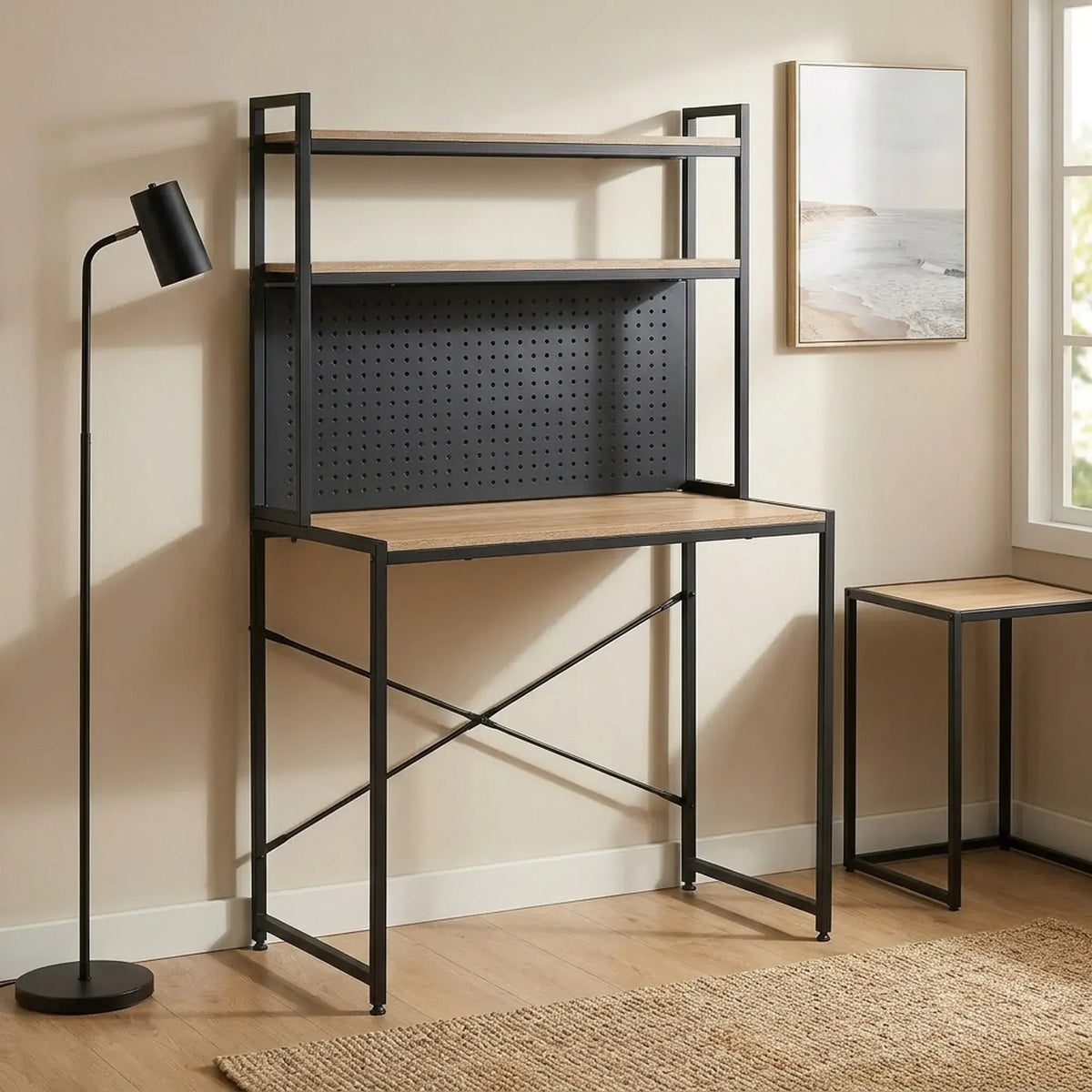 CARLA HOME Computer Desk with Hutch Shelves and Pegboard - Brown - Rustic - Steel - Image 7