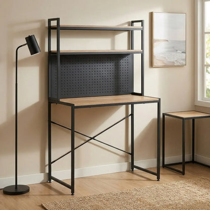 CARLA HOME Computer Desk with Hutch Shelves and Pegboard - Brown - Rustic - Steel - Image 7