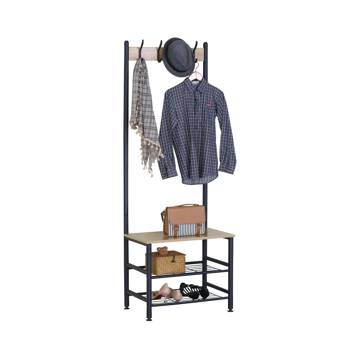 CARLA HOME Hall Tree Coat Rack with Bench - 5 Hooks - Brown - Rustic - Garment Rack