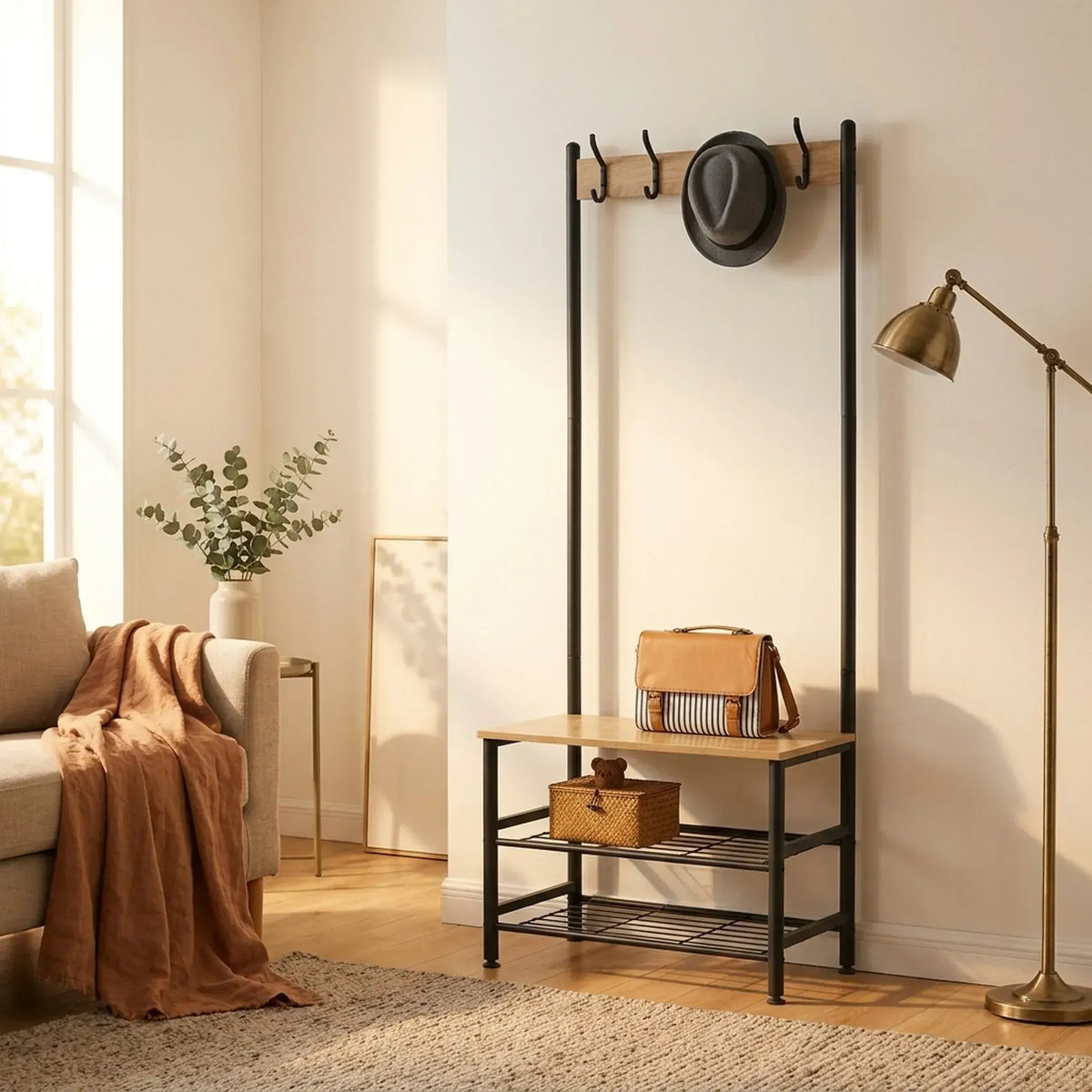CARLA HOME Hall Tree Coat Rack with Bench - 5 Hooks - Brown - Rustic - Garment Rack - Image 2