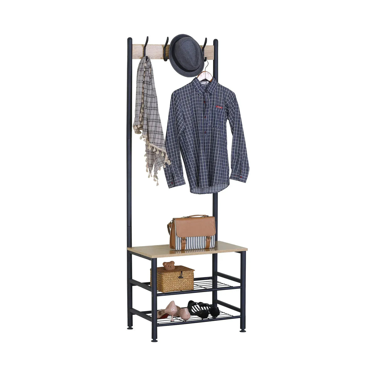 CARLA HOME Hall Tree Coat Rack with Bench - 5 Hooks - Brown - Rustic - Garment Rack - Image 9