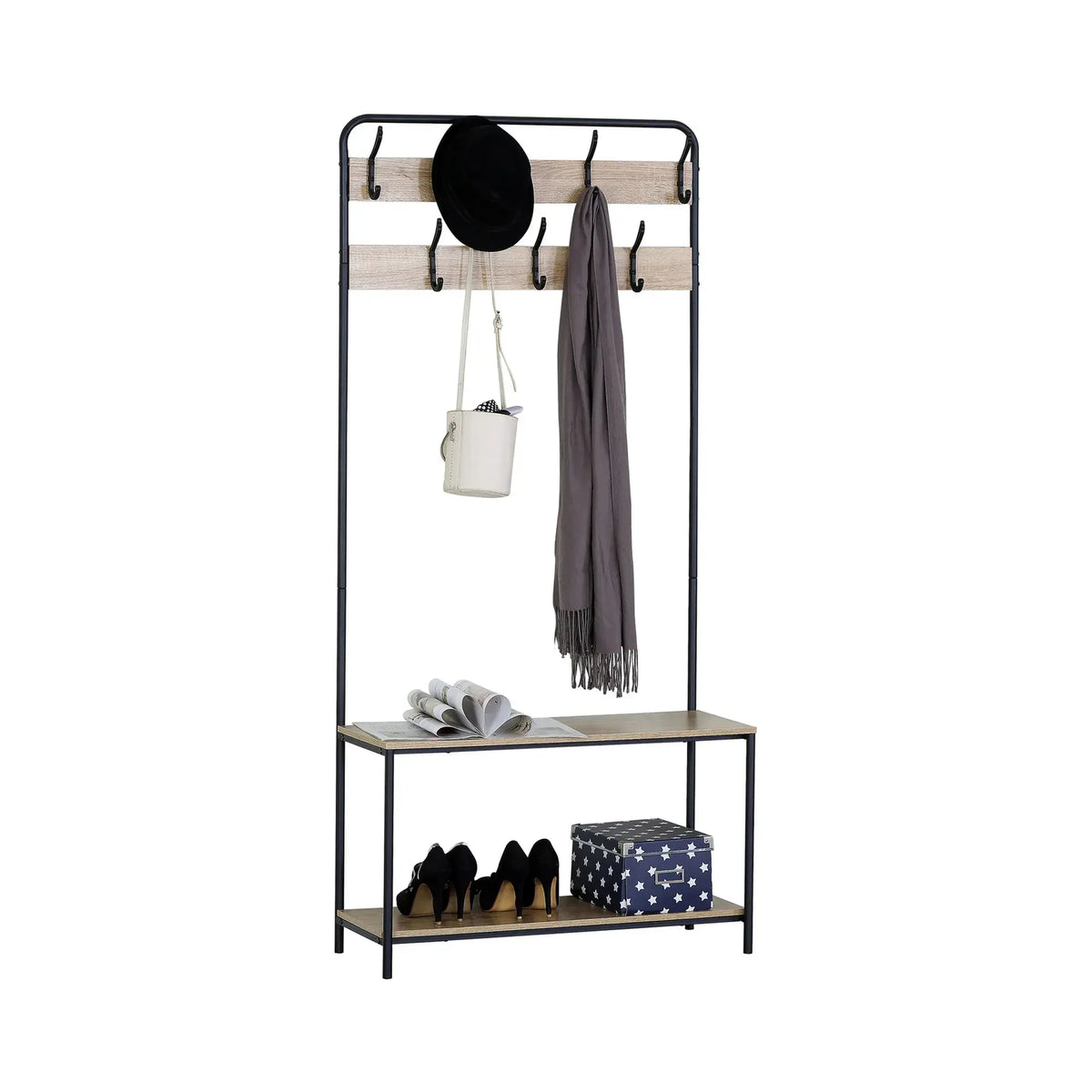 CARLA HOME Hall Tree Coat Rack with Bench - 8 Hooks - Brown - Rustic - Garment Rack