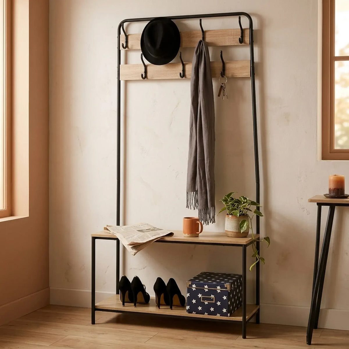 CARLA HOME Hall Tree Coat Rack with Bench - 8 Hooks - Brown - Rustic - Garment Rack - Image 5
