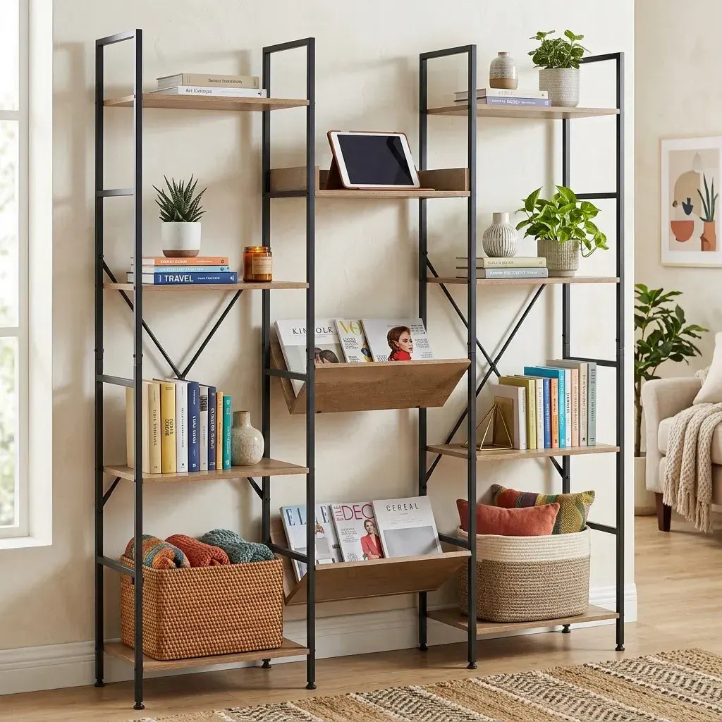 CARLA HOME 12 - Shelf Bookcase - Wood Metal Display Shelf - Brown - Rustic - Steel - Image 2