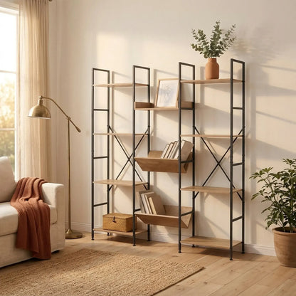 CARLA HOME 12 - Shelf Bookcase - Wood Metal Display Shelf - Brown - Rustic - Steel - Image 5