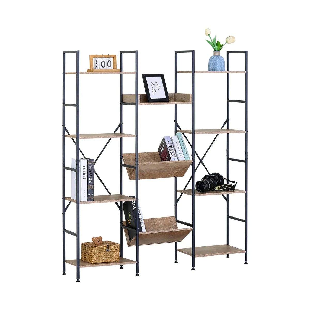 CARLA HOME 12 - Shelf Bookcase - Wood Metal Display Shelf - Brown - Rustic - Steel - Image 9