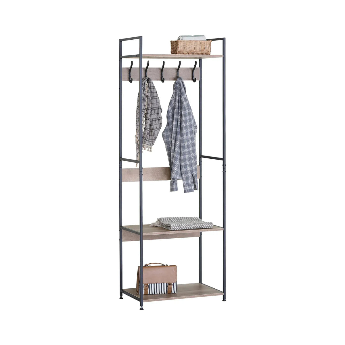 CARLA HOME Freestanding Garment Rack - 5 Hooks 4 Shelves - Brown - Rustic - Steel