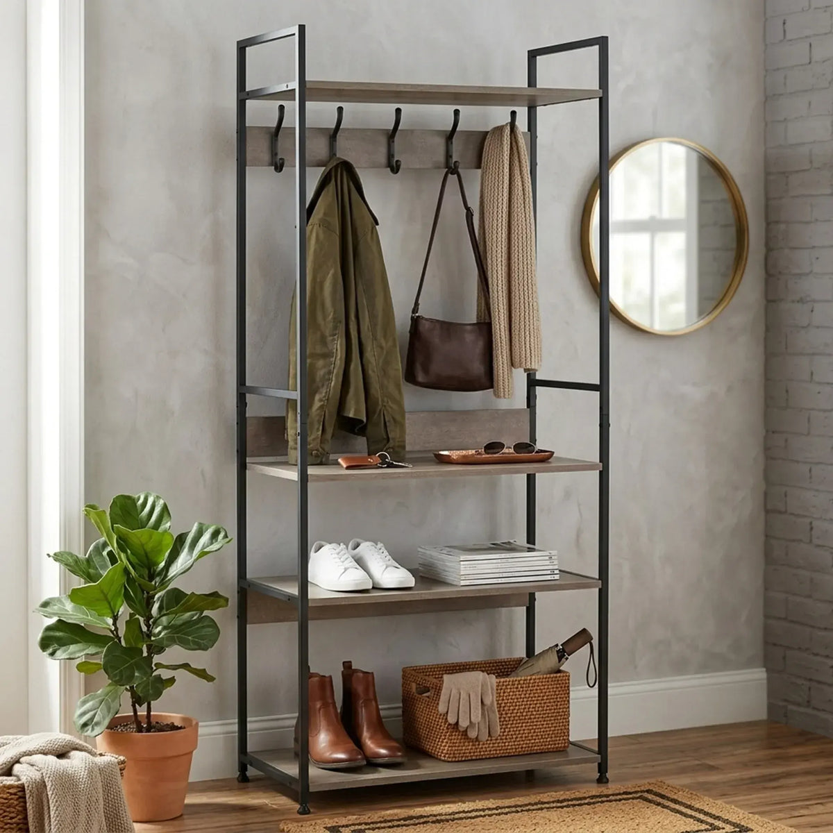 CARLA HOME Freestanding Garment Rack - 5 Hooks 4 Shelves - Brown - Rustic - Steel - Image 2