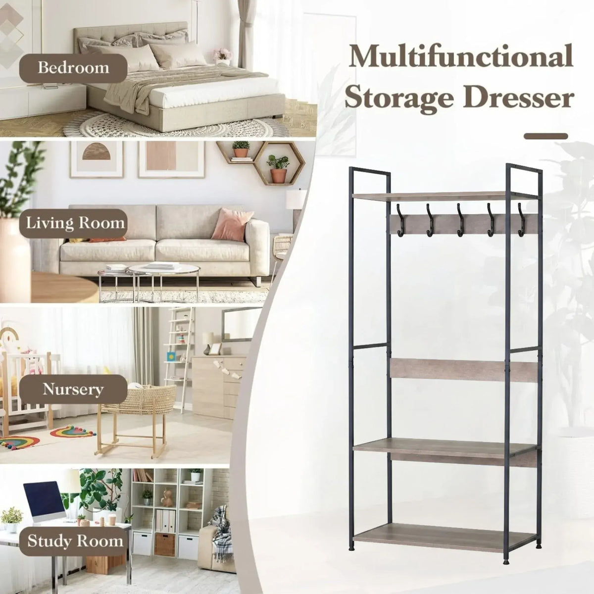 CARLA HOME Freestanding Garment Rack - 5 Hooks 4 Shelves - Brown - Rustic - Steel - Image 4