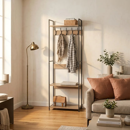 CARLA HOME Freestanding Garment Rack - 5 Hooks 4 Shelves - Brown - Rustic - Steel - Image 5
