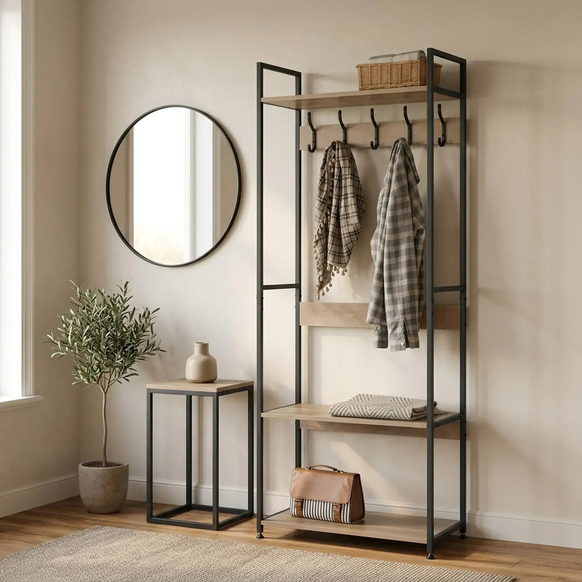 CARLA HOME Freestanding Garment Rack - 5 Hooks 4 Shelves - Brown - Rustic - Steel - Image 6