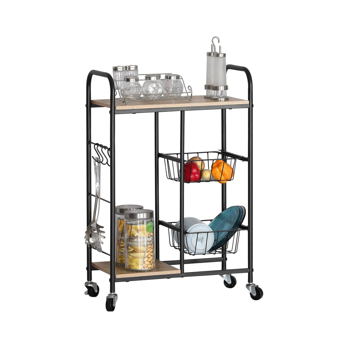 CARLA HOME Kitchen Trolley Cart with Wire Baskets - Brown - Rustic - Steel - Kitchen Rolling Cart