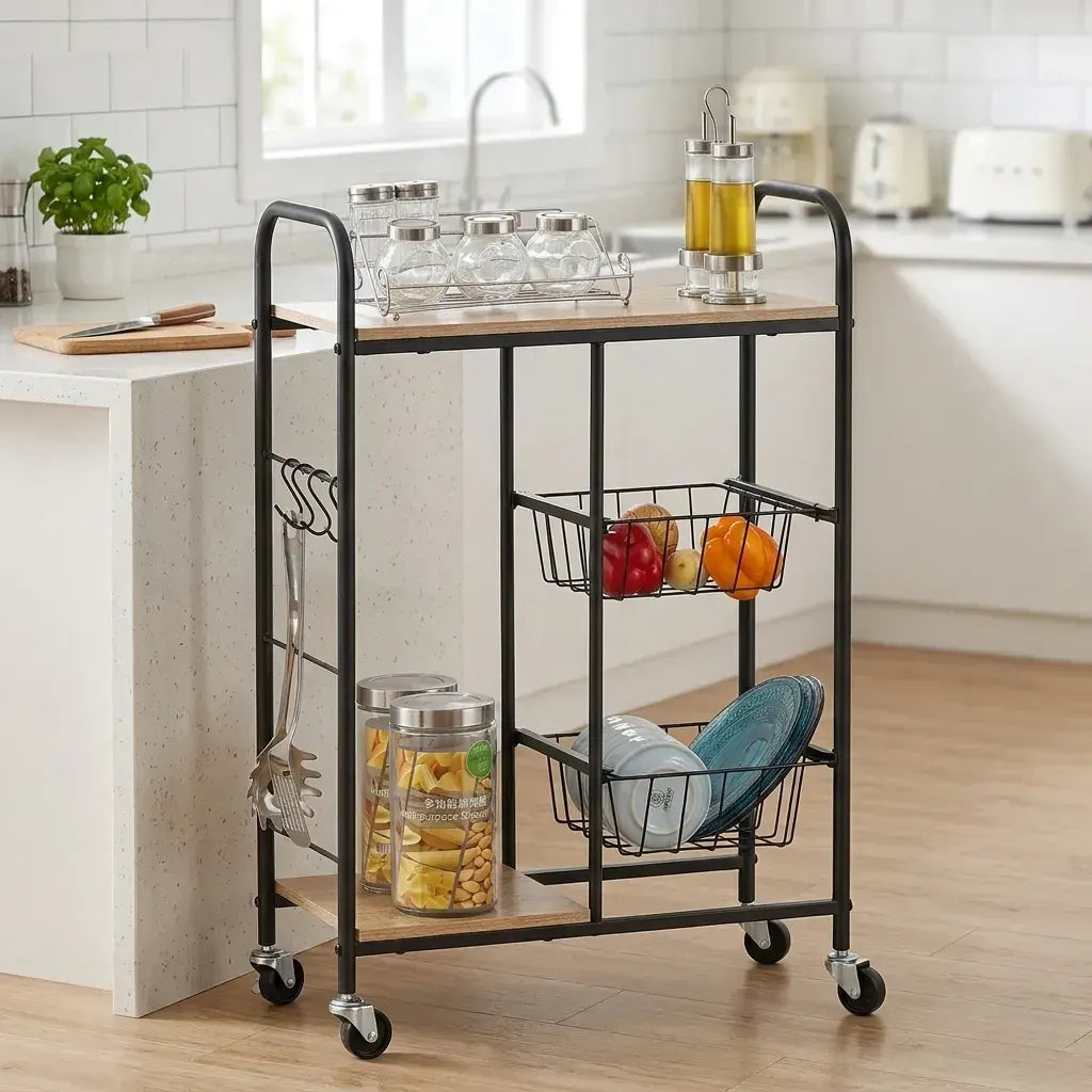 CARLA HOME Kitchen Trolley Cart with Wire Baskets - Brown - Rustic - Steel - Kitchen Rolling Cart - Image 2