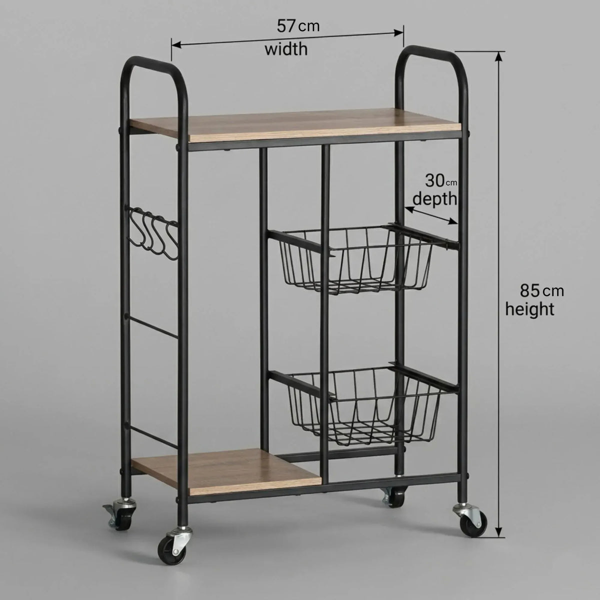 CARLA HOME Kitchen Trolley Cart with Wire Baskets - Brown - Rustic - Steel - Kitchen Rolling Cart - Image 3