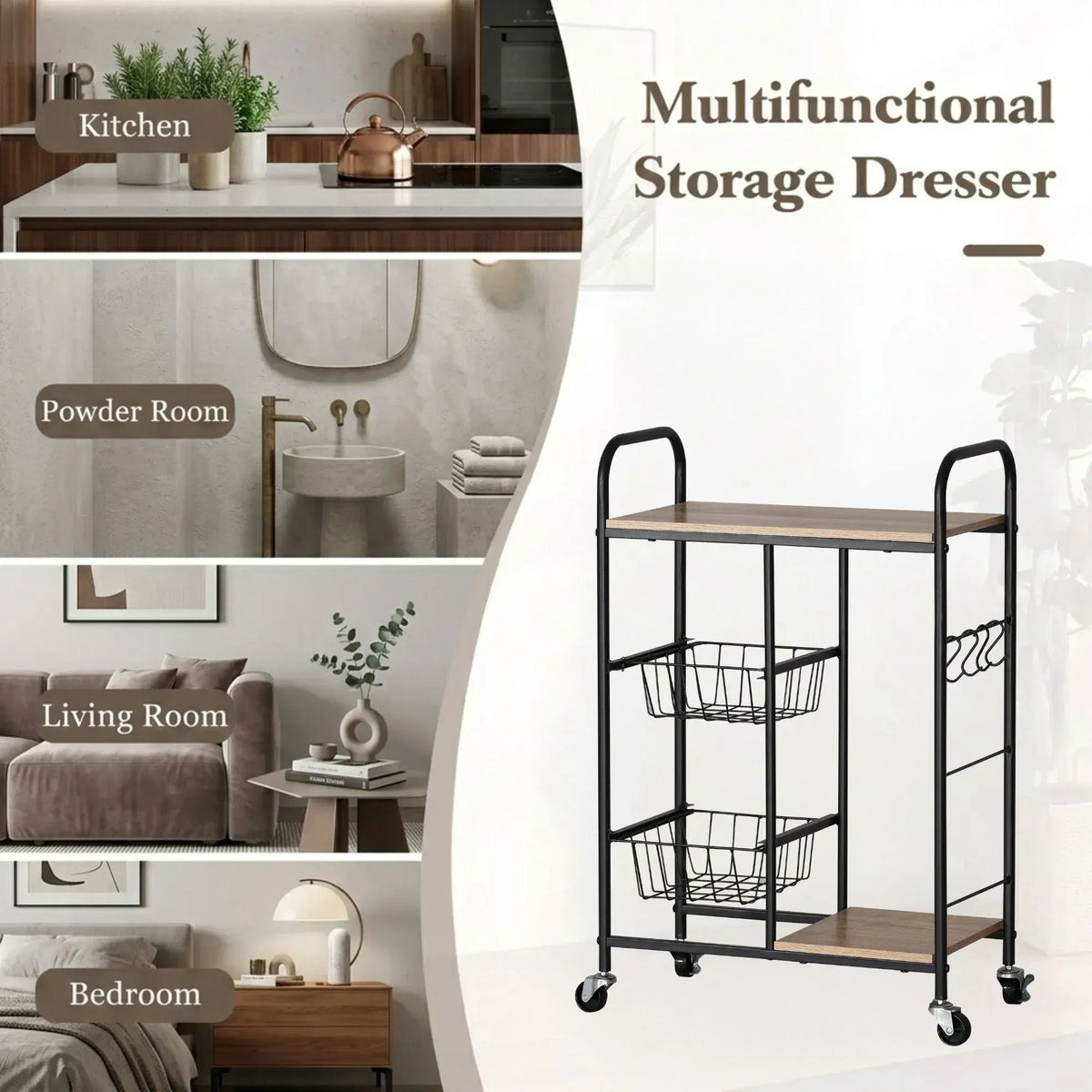 CARLA HOME Kitchen Trolley Cart with Wire Baskets - Brown - Rustic - Steel - Kitchen Rolling Cart - Image 4