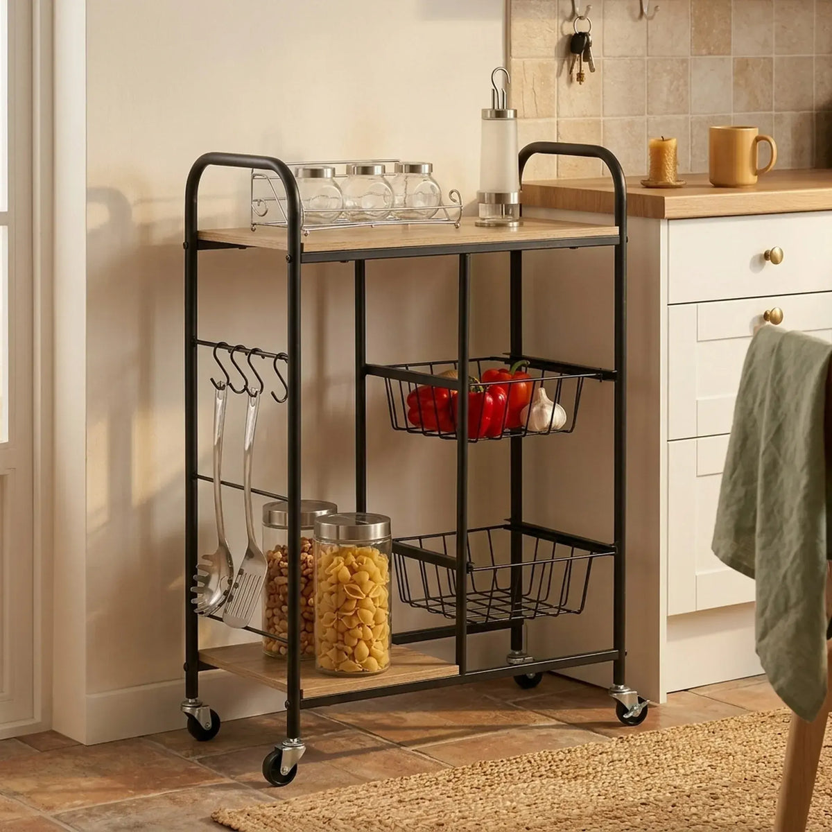 CARLA HOME Kitchen Trolley Cart with Wire Baskets - Brown - Rustic - Steel - Kitchen Rolling Cart - Image 6