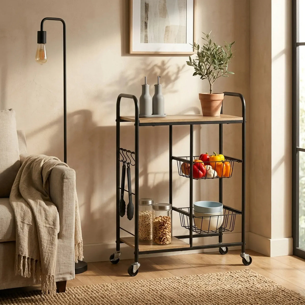 CARLA HOME Kitchen Trolley Cart with Wire Baskets - Brown - Rustic - Steel - Kitchen Rolling Cart - Image 7