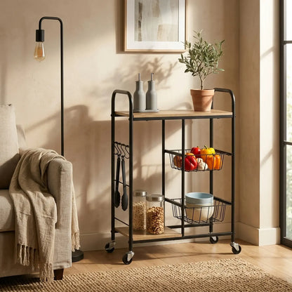 CARLA HOME Kitchen Trolley Cart with Wire Baskets - Brown - Rustic - Steel - Kitchen Rolling Cart - Image 7