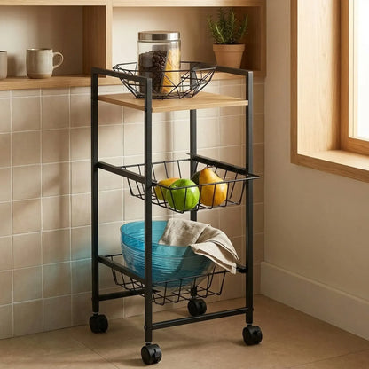 CARLA HOME 3 Tier Rolling Kitchen Trolley Cart - Rustic Brown - Steel - Kitchen Rolling Cart - Image 2