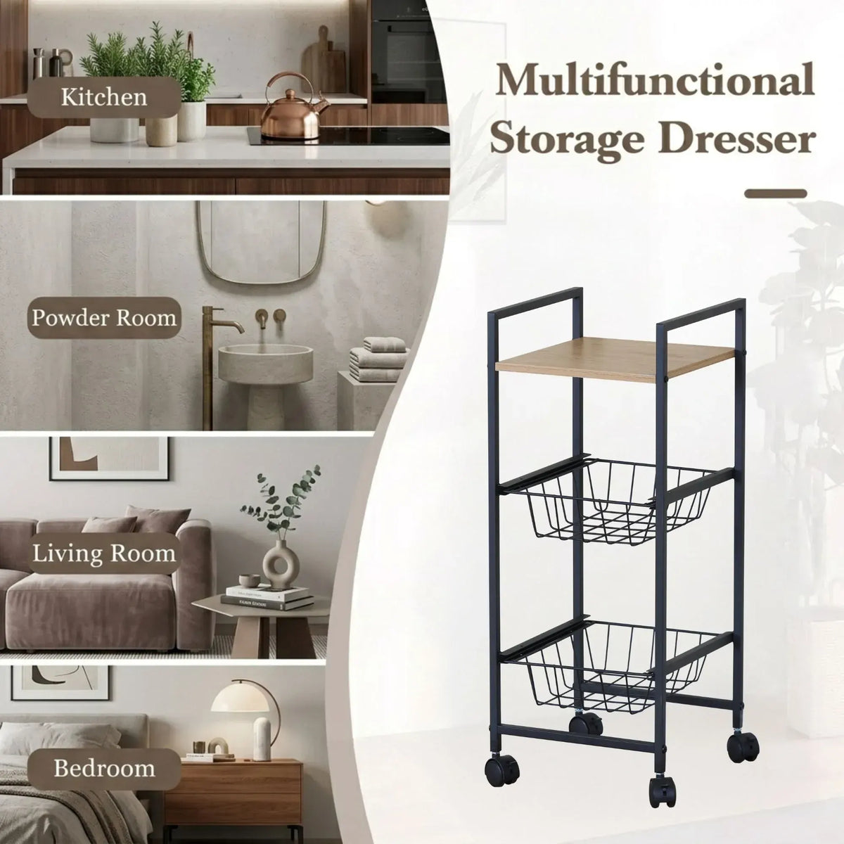 CARLA HOME 3 Tier Rolling Kitchen Trolley Cart - Rustic Brown - Steel - Kitchen Rolling Cart - Image 4