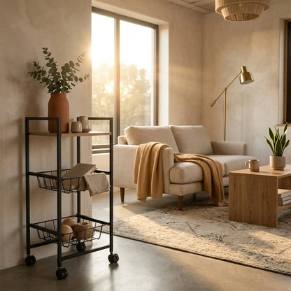 CARLA HOME 3 Tier Rolling Kitchen Trolley Cart - Rustic Brown - Steel - Kitchen Rolling Cart - Image 6