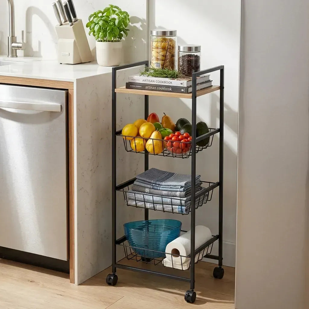 CARLA HOME 4 Tier Rolling Kitchen Trolley Cart - Rustic Brown - Steel - Kitchen Rolling Cart - Image 2