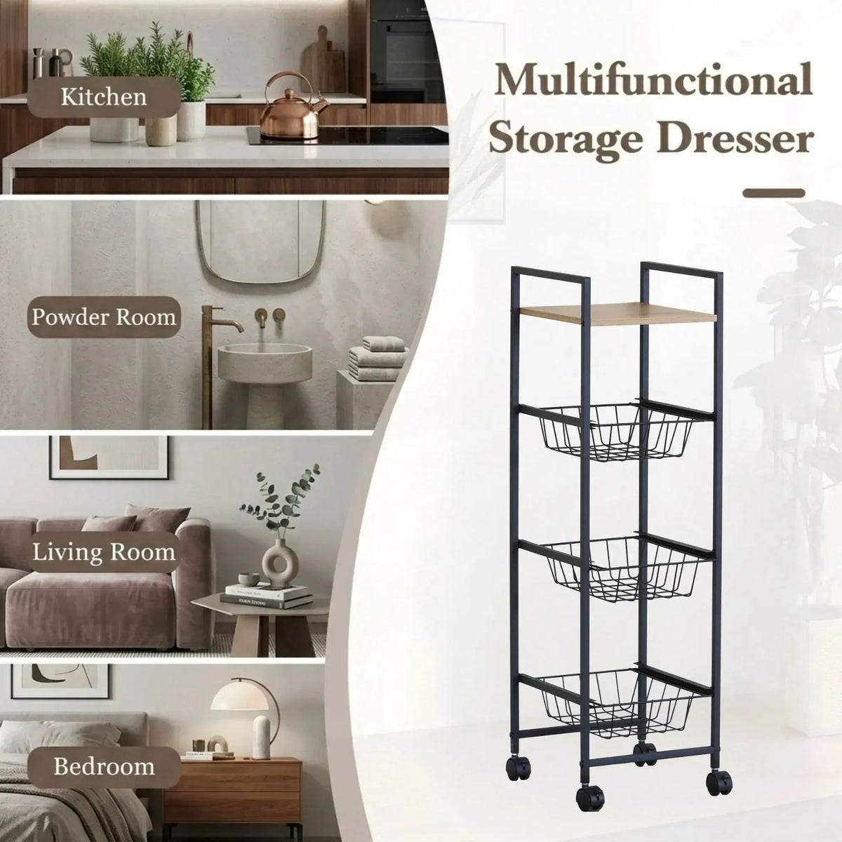 CARLA HOME 4 Tier Rolling Kitchen Trolley Cart - Rustic Brown - Steel - Kitchen Rolling Cart - Image 4