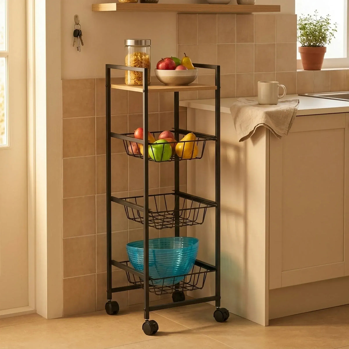 CARLA HOME 4 Tier Rolling Kitchen Trolley Cart - Rustic Brown - Steel - Kitchen Rolling Cart - Image 5